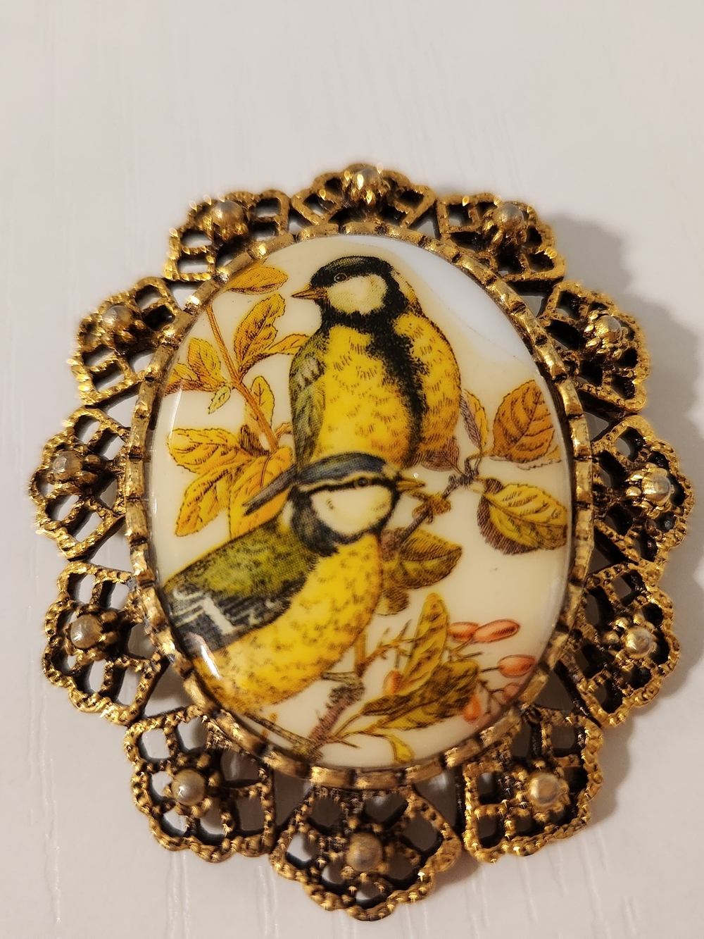 Vintage Porcelain Bird Brooch in Gold, Yellow, & Orange Great Fall Color Palate